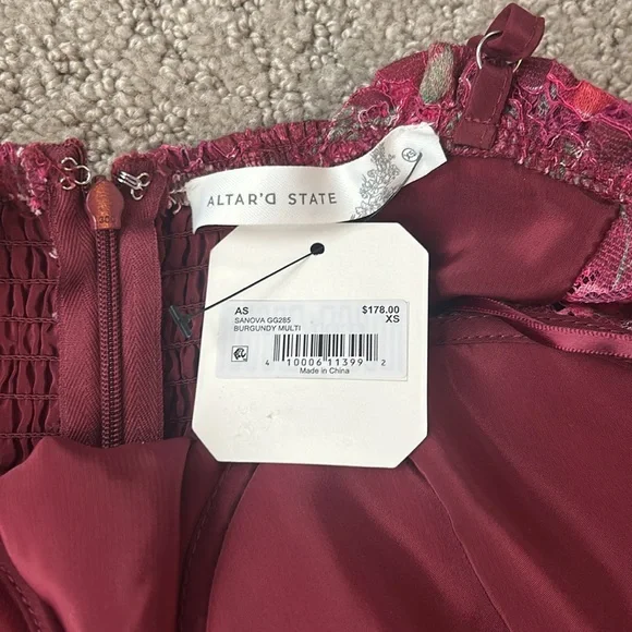 Altar’d State Liora Floral Maxi Dress Burgundy Lace Floral Corset Ribbon SZ XS - Picture 10 of 11